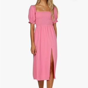 Women Cotton Plaid Puff Sleeves Causal Off-Shoulder Boho Side Slit Midi Dress